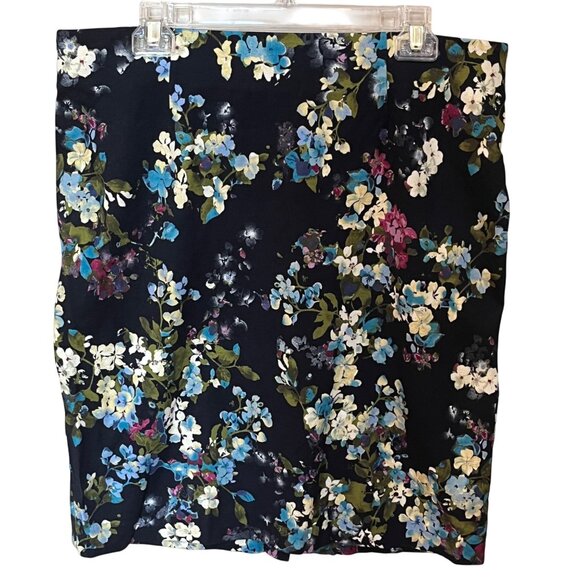 J. Jill Floral Ponte Pencil Skirt Navy Blue Floral Multicolor Midi Stretch Sz L - Picture 1 of 6
